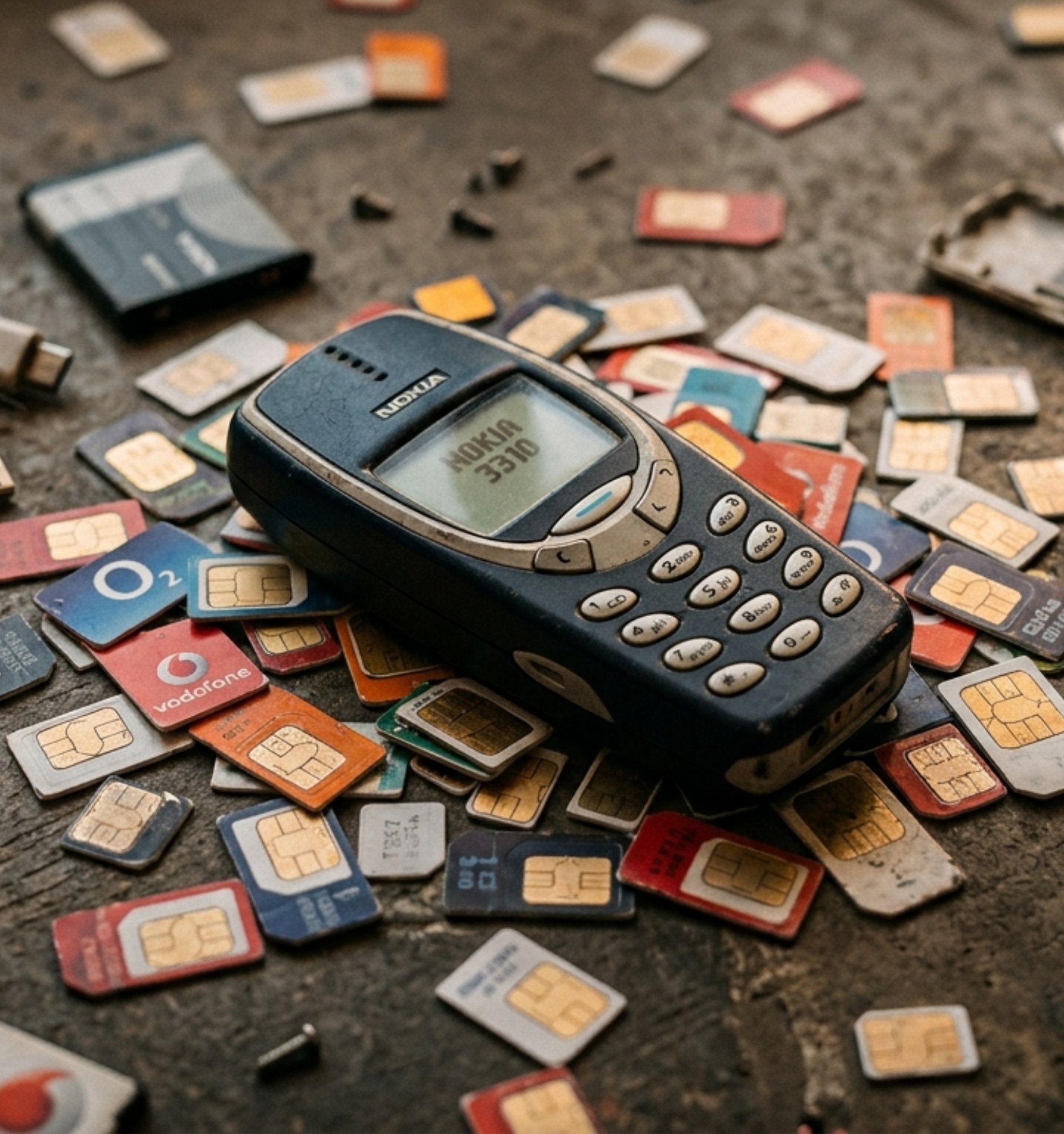 A vintage mobile phone resting on a pile of colourful SIM cards